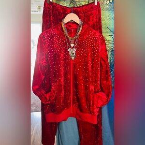 Essentials Red Velour Track Pants & JacketSet with Rhinestone Embellishments